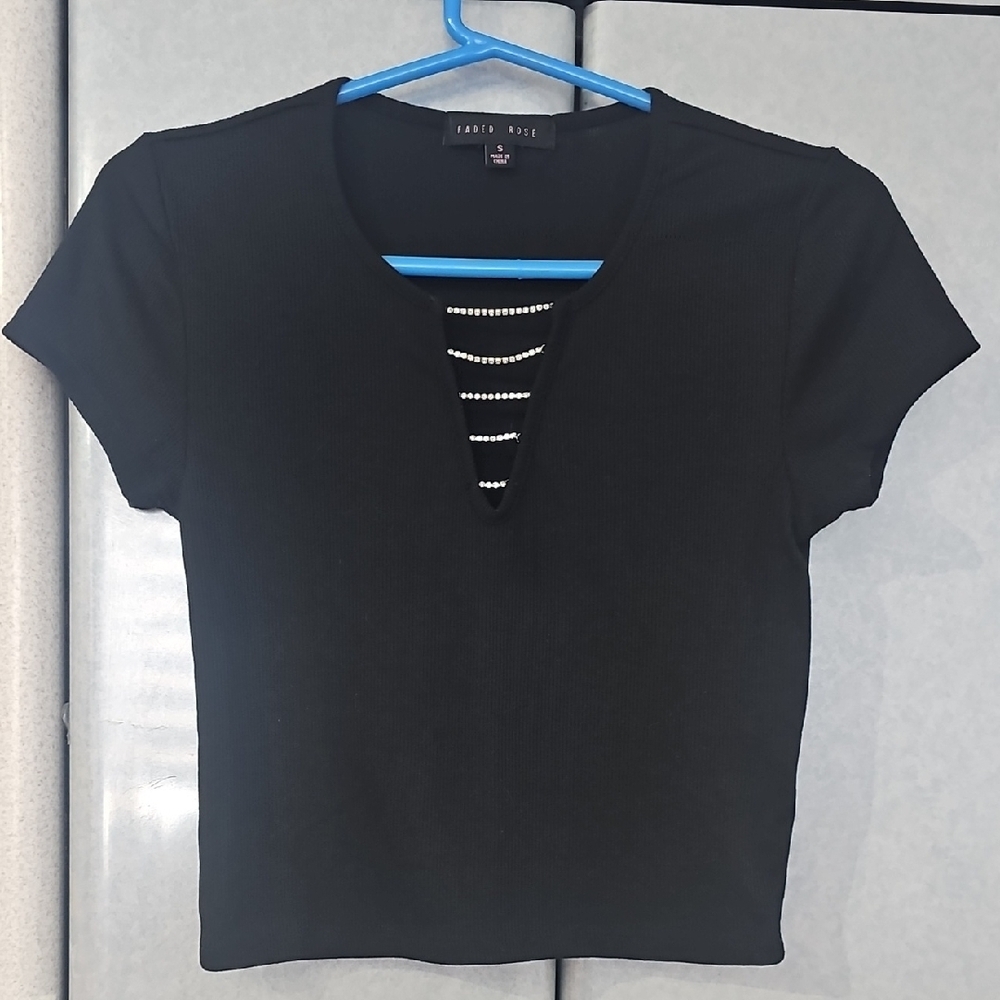 Black Short Sleeve V-neck Top with Rhinestone Strings, Size S